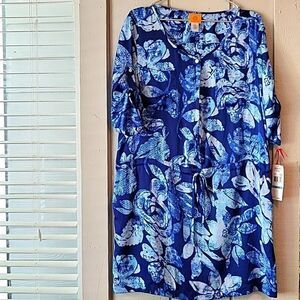 Ruby Rd Blue White Light Weight Dress Drawstring Waist Size 16 Petite NWT